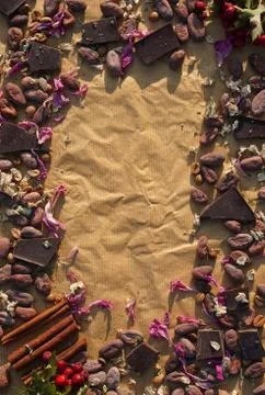 Flat lay  of  Raw cocoa beans,   chocolate on sacking , cinnamon, petals of f Stock Photos