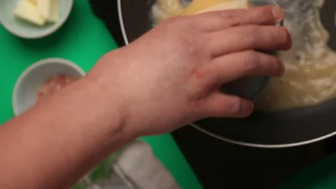 Flat lay recipe: chef makes sauce and adds broth to the hot pan. 4k Prores 422 Stock Footage 196819008