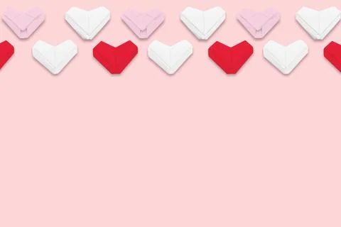 Flat lay red and white paper origami hearts on pink background. Composition f Stock Illustration