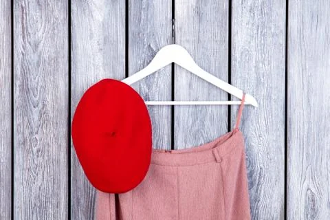 Flat lay red clothes and hanger. Stock Photos