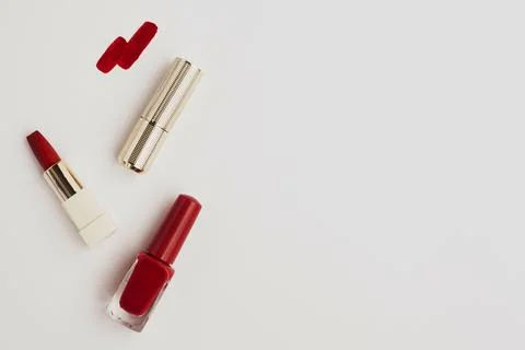 Flat lay red lipstick with copy space Stock Photos