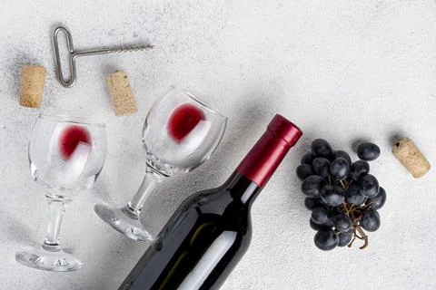 Flat lay red wine bottle table. High quality beautiful photo concept Stock Photos