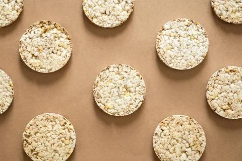 Flat lay rice cake pattern on a natural background, top view. Stock Photos