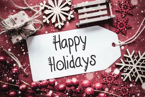 Flat Lay, Rustic Decoration, Calligraphy Happy Holidays Stock Photos