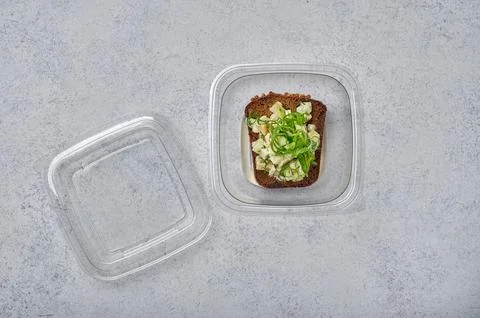 Flat lay sandwich of rye bread with cumin and coriander, potatoes, fresh Stock Photos