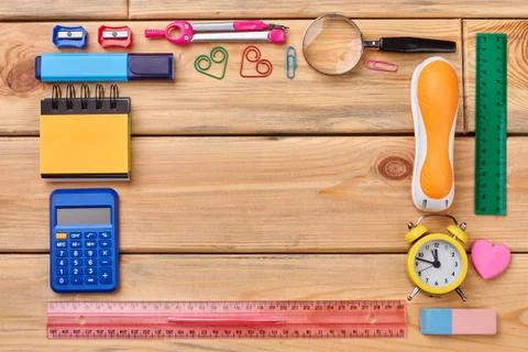 Flat lay with school accessories. Stock Photos
