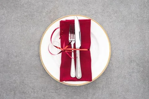 Flat lay served plate fork Stock Photos