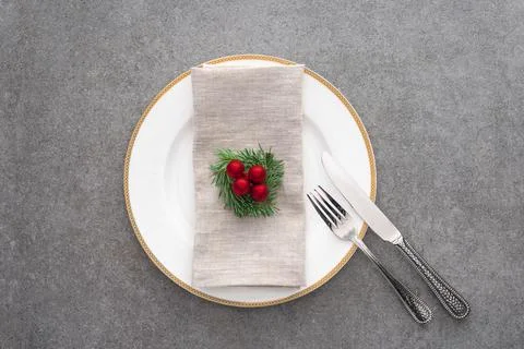 Flat lay served plate fork Stock Photos