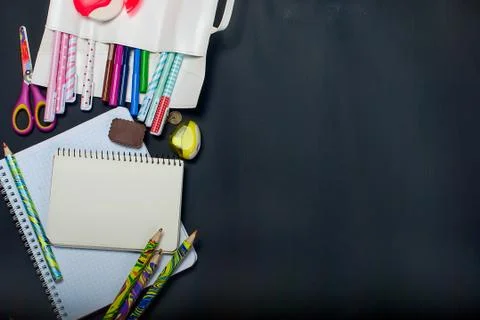 Flat lay set of Assorted colorful school supplies Stock Photos