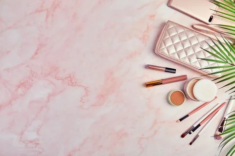 Flat lay with set of decorative cosmetics, makeup tools and feminine accessor 写真素材