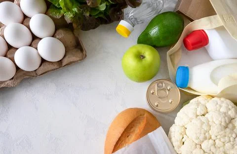 Flat lay from a set of different products. Stock Photos