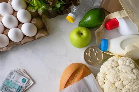 Flat lay from a set of different products. Stock Photos