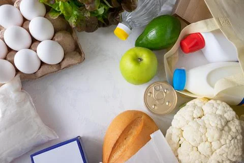 Flat lay from a set of different products. Stock Photos