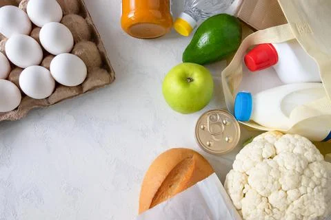 Flat lay from a set of different products. Stock Photos