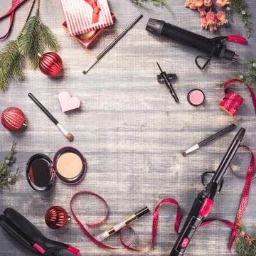 Flat lay set of female dressing table. Stock Photos
