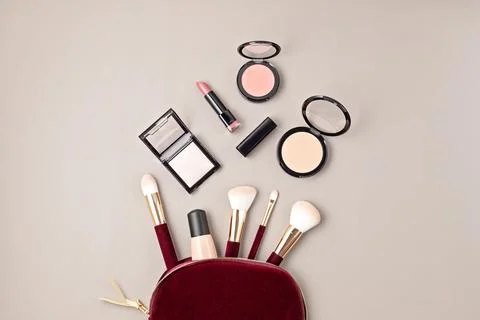 Flat lay with set of professional decorative cosmetics, makeup tools and wo.. Stock Photos