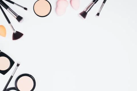 Flat lay set of professional makeup Stock Photos