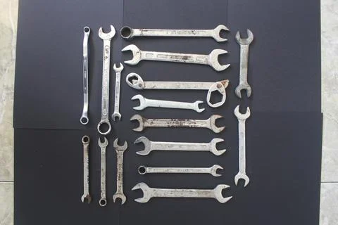 Flat lay set of wrenches tools Stock Photos