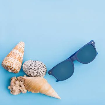 Flat lay of shells and hat on a blue background Stock Photos