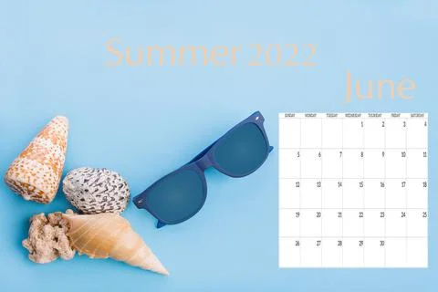 Flat lay of shells and hat on a blue background Foto stock