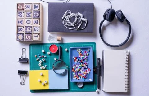 Flat Lay shot of The Office working space or student study table. 库存照片