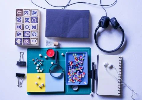 Flat Lay shot of The Office working space or student study table. Stockfoto's