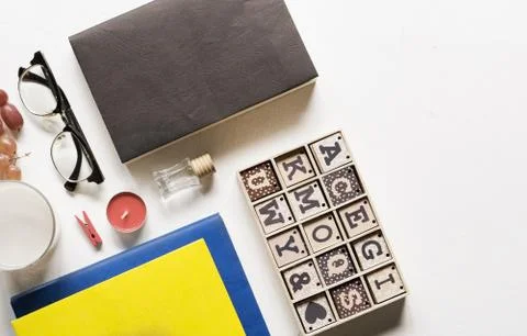 Flat Lay shot of The Office working space or student study table. Stockfoto's