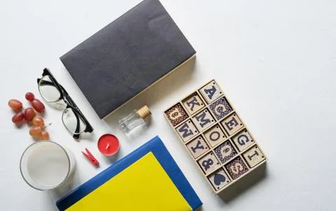 Flat Lay shot of The Office working space or student study table. Stockfoto's