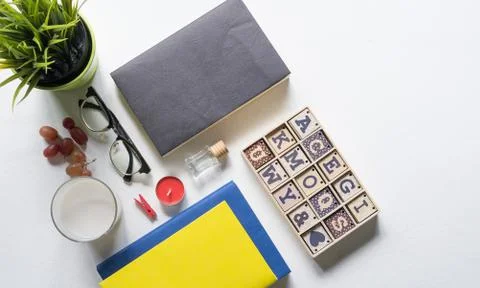 Flat Lay shot of The Office working space or student study table. Stock Photos