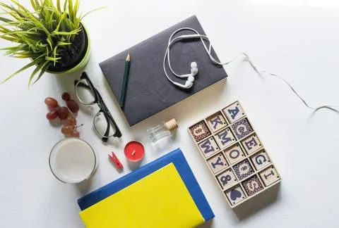 Flat Lay shot of The Office working space or student study table. 스톡 사진