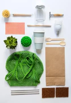 Flat Lay Shot Of Plastic Free Eco Products With Reusable Or Sustainable Zero Foto stock