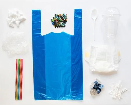 Flat Lay Shot Of Single Use Plastic Products With Non Reusable Or Non Recycla 写真素材