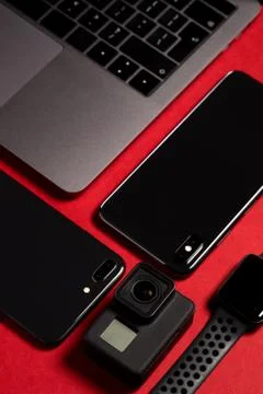 Flat Lay Shot Of Techno Items For Modern Worker With Smartwatch Mobile Phone  Stock Photos