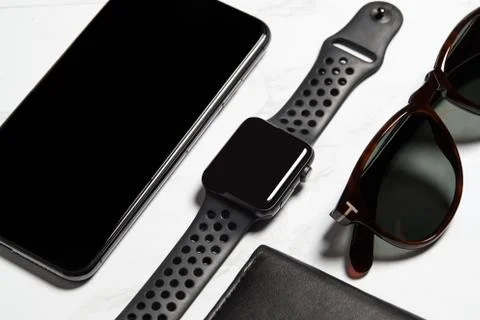 Flat Lay Shot Of Techno Items For Modern Worker With Smartwatch Mobile Phone  Stock Photos