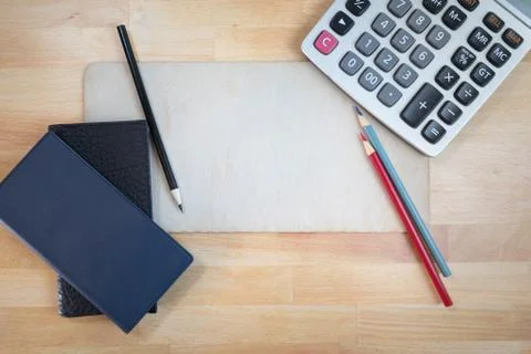 Flat lay sign no writing with office supplies checkbooks and pencils Stock Photos
