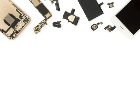 Flat Lay of smart phone components isolate Stock Photos