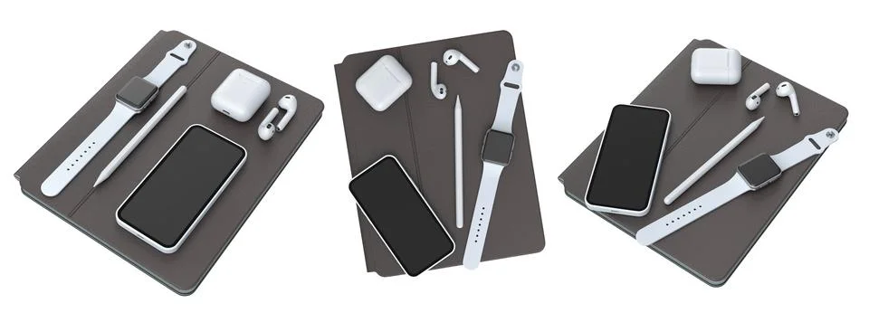 Flat lay of smartwatch, smartphone, earbuds, stylus, and tablet covers, isola Stock Illustration
