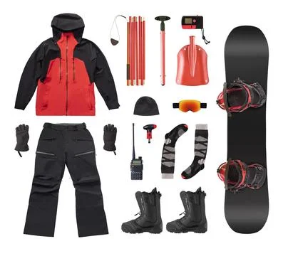 Flat lay of snowboard clothes 스톡 사진