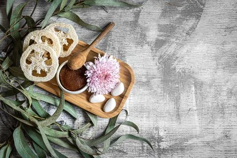 Flat lay spa composition with body products on textured concrete background. Stock Photos