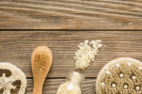 Flat lay, spa composition with brushes and other body care items. Stock Photos