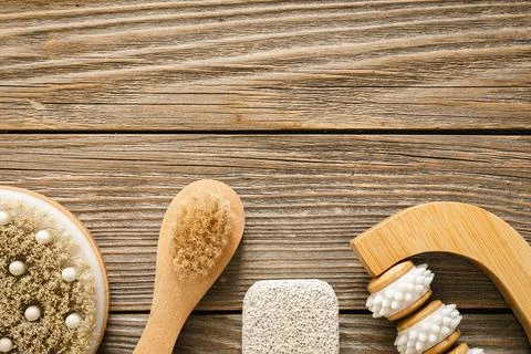 Flat lay, spa composition with brushes and other body care items. Stock Photos