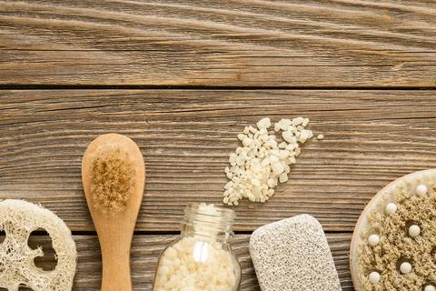 Flat lay, spa composition with brushes and other body care items. Stock Photos