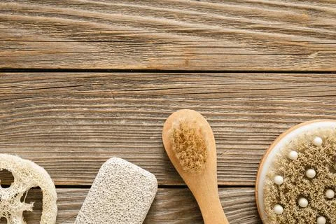 Flat lay, spa composition with brushes and other body care items. Stock Photos