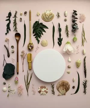 Flat Lay SPA objects in a square composition , white background Mokap Stock Photos