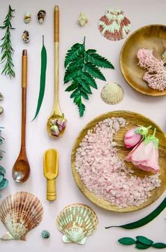 Flat Lay SPA objects in a square composition, round Wooden plates Stock Photos