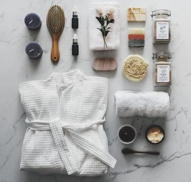 Flat lay of spa treatment set Stock Photos