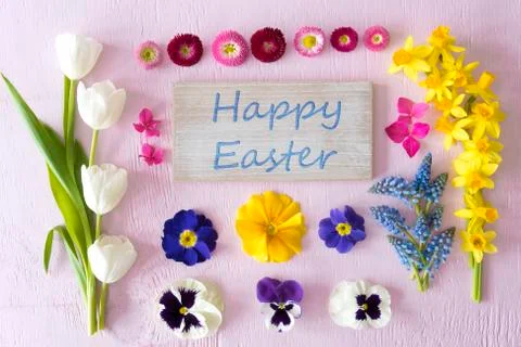 Flat Lay With Spring Flower Blossoms, Sign, Text Happy Easter Stock Photos