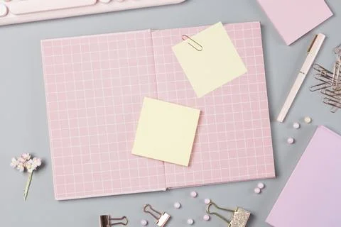 Flat lay stationery collocate on work desk in pastel colorful background Stock Photos