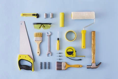 Flat lay still life of assorted DIY tools Stock Photos