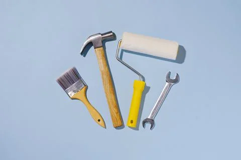 Flat lay still life with shadow of workshop tools Stock Photos